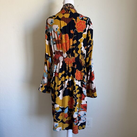 Free People Size S Wild Nights Duster Open Front Floral Print Leopard Trim Boho - Picture 5 of 13
